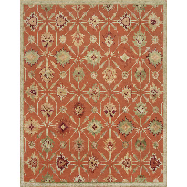 New Moon Rugs Palmettes Floral Area Rug in Coral/Celery Green/Caramel